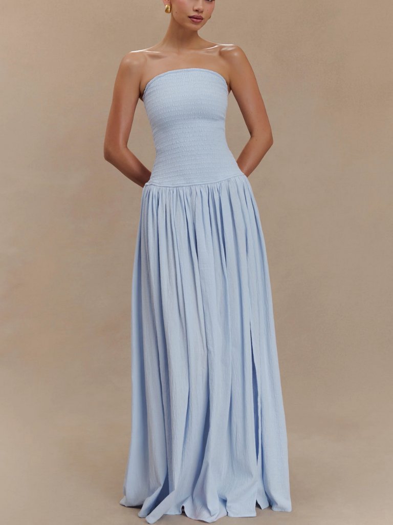 Nwt Meshki Maureen Cotton Shirring Maxi Dress Gown Powder Blue Cocktail
